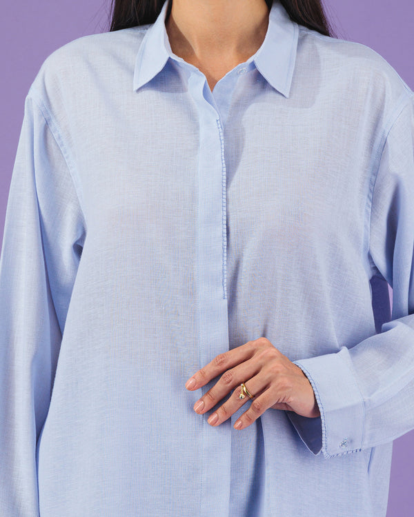 Oversized Linen Button Up Top | Sky Blue