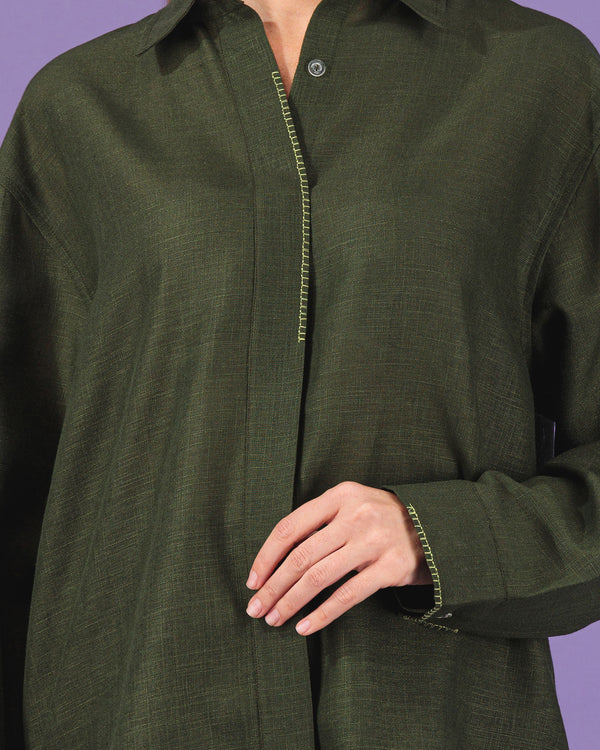 Oversized Linen Button Up Top | Dark Green
